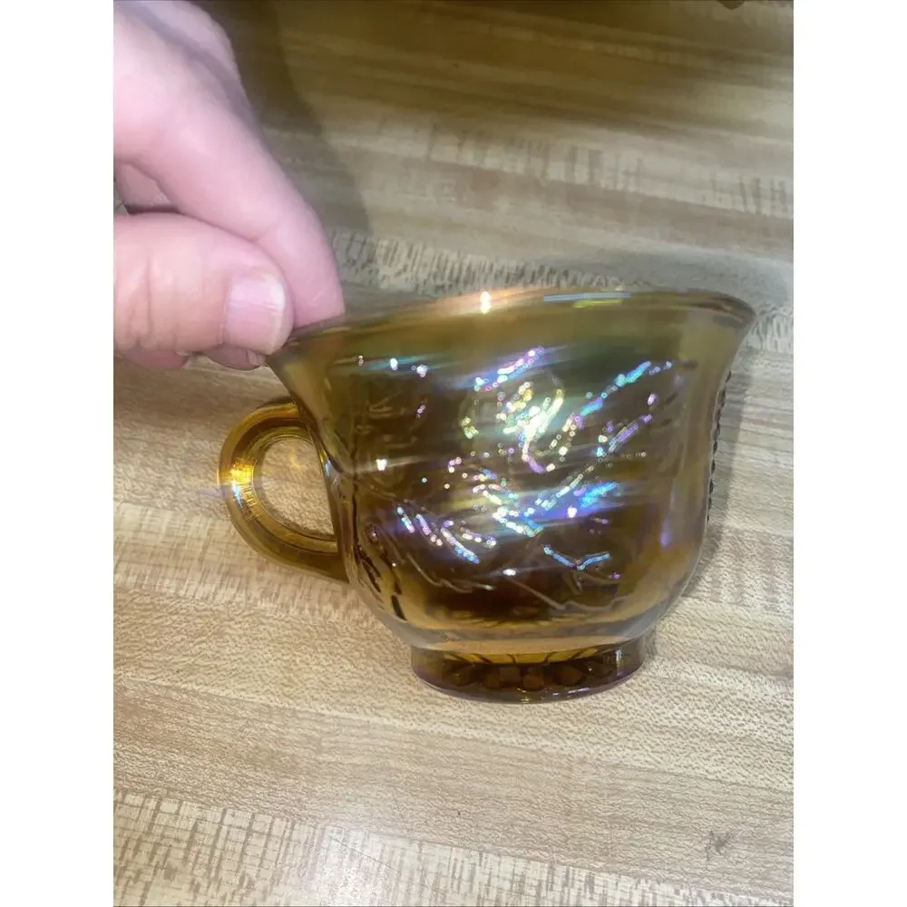 60s 70s Indiana Glass Iridescent Marigold Carnival Glass Punch Bowl 12 Cup Set